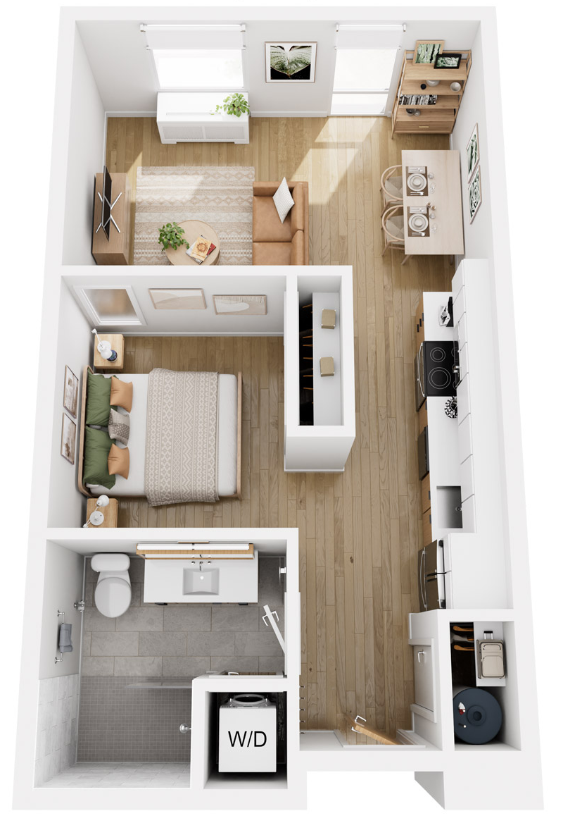 Junior one bedroom floor-plan rendering