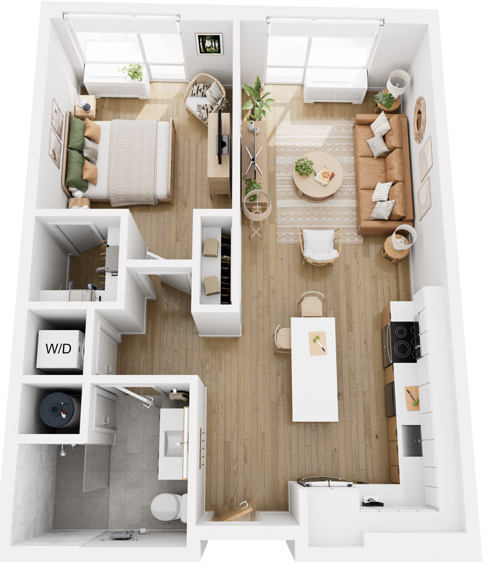 One bedroom floor-plan rendering