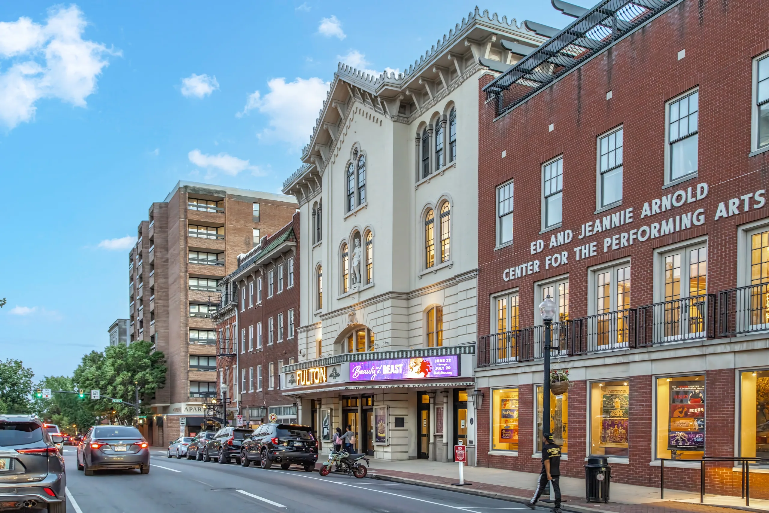 The Fulton Theatre and neighboring performing arts building on a downtown Lancaster street