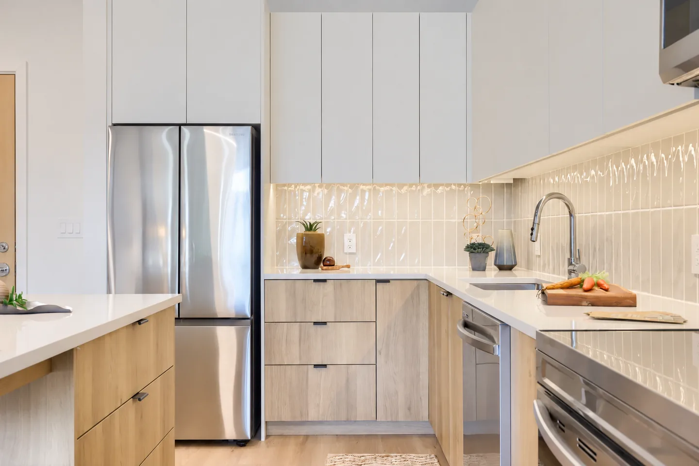 Close view of the kitchen drawer bank and lower cabinetry